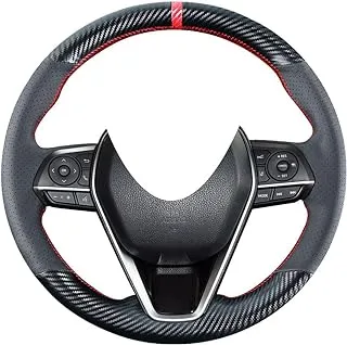 Carkooler DIY Stitching Carbon Fiber Steering Wheel Cover for Toyota RAV4 SUV Avalon 2019-2021 / for Toyota Camry 2018-2021 / for Corolla 2020 2021 15 inches Black Leather Interior Accessories