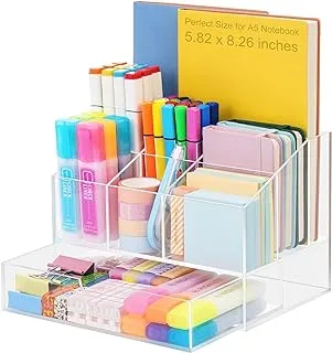 BPA clear Acrylic Desk Organizer, Upgraded Clear Pencil Organizer for Desk, 7 Compartments Stationary, with Drawer, for Office Supply, 500+ Pencils Capacity-size:14.5D x 21.8W x 15.5H cm