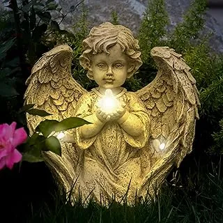 Solar Angel Statue Outdoor Decor -YQLEPIN Outdoor Kneeling Play Angel Statue & Sculpture Yard Art, Solar Dressed Angel Light Garden, Patio Decor, Memorial Gift.