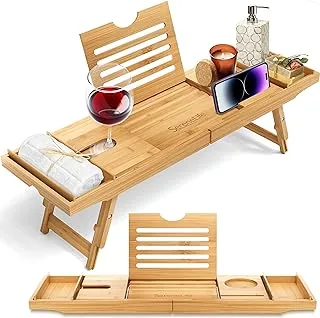 SereneLife Bath Caddy Breakfast Tray Combo - Natural Bamboo Wood Waterproof Tub and Bed with Folding Slide-Out Arms, Device Grooves, Wine Glass Soap Holder