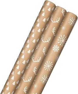 Hallmark Recyclable Kraft Wrapping Paper with Cut Lines (3 Rolls: 90 Sq. Ft. Ttl.) Minimalist Christmas, White Trees, Deer Antlers, Snowflakes on Brown Kraft for Holidays, Weddings, Winter Solstice