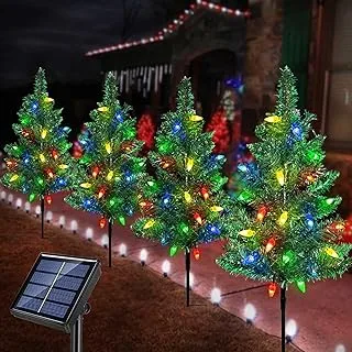 Windpnn Upgraded 4-Pack Solar Christmas Garden Stake Lights, Decorative Xmas Tree Solar Christmas Yard Stake Outdoor Waterproof Christmas Pathway Lights for Christmas Decoration Garden Patio Yard