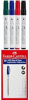 Faber Castell Whiteboard Marker Bullet Set Of 4Pc & Duster + BALL PEN 0.7MM BOX OF 50PC BLUE