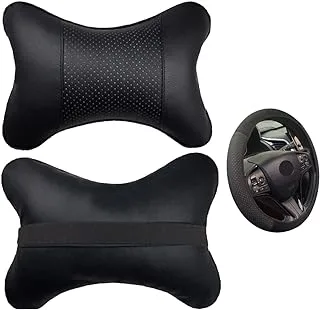 yuhuru Car Neck Pillows Both Side Pu Leather 2pieces Pack Headrest Fit for Most Cars Filled Fiber Universal Car Pillow (Pillow+Wheel Cover)