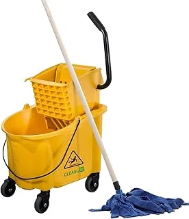 Restaurantware RWT0483Y qt Yellow Plastic Mop Bucket - with Side Press Wringer - 22 1/2