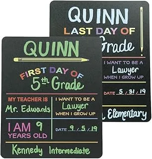 BPA® Reusable My First Day and Last of School Set Milestone Chalkboard Sign. Photo Prop Board for Kids, Black w/color print - 12” x 10” rectangle