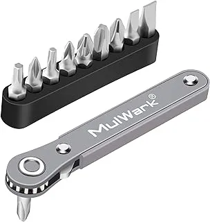 MulWark 11pc 1/4 Mini Ratchet Wrench Close Quarters Pocket Screwdriver Set with High Torque & Low Profile- Micro Right Angle EDC Tool with 90 Degree Mini Offset Reversible Drive Handle& Multi Hex Bit