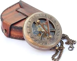 NEOVIVID Brass Sundial Compass with Leather Case and Chain - Push Open Compass - Steampunk Accessory – Unique Gift for Men - Beautiful Handmade Gift - Sundial Clock – Sun Clock – Steampunk Clock