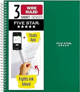 Five Star Spiral Notebook, 3 Subject, Wide Ruled Paper, 10-1/2