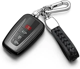 متوافق مع غطاء Toyota Key Fob مع سلسلة مفاتيح ناعمة من مادة TPU لحماية 360 درجة لمفتاح 2018-2022 Camry RAV4 Highlander C-HR Prius Corolla Avalon GT86 Smart Key (أسود)