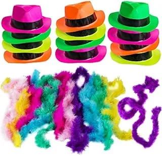 Neon Party Supplies - 80's Style, Neon Gangster Hats, Fedora Party Hats W/Neon Mini Boas - Party Dress Up by Funny Party Hats