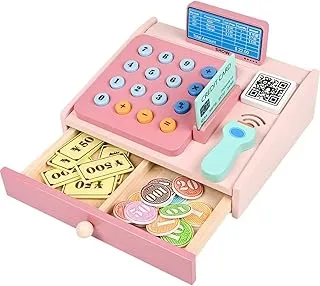 Baybee Wooden Cash Register Toys for Kids, Math Learning Simulation Educational Cash Cashier with Card Swipping, Dollars, Coins, & Barcode Scanner, Pretend Play Toy for Toddlers 3+ Years Boys Girls