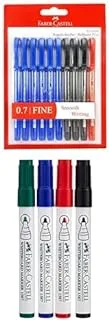 Faber-Castelltri flow ball pen 10pc assorted (6 blue + 3 black + 1 red) + Whiteboard Marker Bullet Set Of 4Pc & Duster