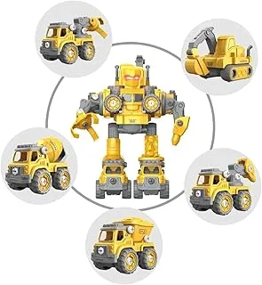 Baybee 5 in 1 Construction Vehicles Transform Robot Toys for Kids Building Robot Toys Kits with Drill Light and Music Crane Dump Truck Excavator Gift Sets for Boys Girls Toddler Ages 3+ Years