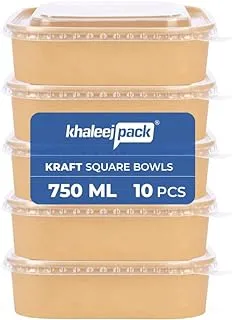 Kraft Salad Bowl with Lid [750ml - 25oz, Pack of 10], Disposable Bowls with Lids,100% Eco-friendly, Biodegradable,Freezer Safe, Heavy Duty, takeaway Container for Party, Dessert - Khaleej Pack