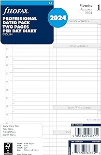 Filofax Calendar Diary Refill, A5 Size, One Day on Two Pages with Appointments, Time Management, White Paper, English, 2024 (CTM7031-24)