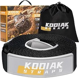 حزام سحب KODIAK STRAPS - أحزمة سحب السيارة مقاس 3 بوصات × 30 قدمًا شديدة التحمل بوزن 35,000 رطل. قوة الكسر والحلقات المعززة وحبل الطوارئ ومعدات التعافي على الطرق الوعرة وأشرطة السحب متضمنة حقيبة سلسلة