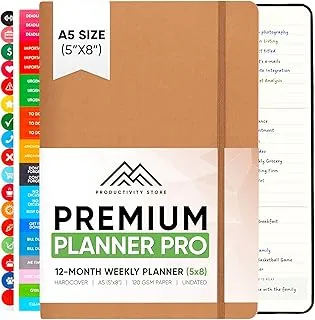 2024 Planner Pro 5.8 x 8.3 - دفتر ومجلة غير مؤرخة للإنتاجية ومخطط الأعمال - مخطط شهري 2024 ومخطط يومي 2024-2025 - A5 - بني - متجر الإنتاجية