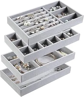 AMERTEER Stackable Velvet Jewelry Trays Organizer, Jewelry Storage Display Trays for Drawer, Earring Necklace Bracelet Ring Organizer - Set of 4 (Grey)