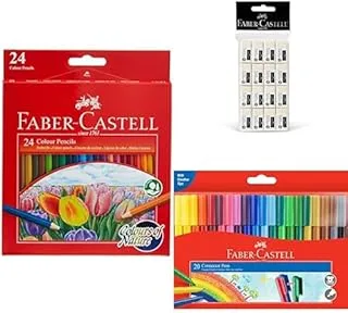 Faber-Castell COLOUR PENCILS 24 COLOUR + ERASER SMALL POLY BAG OF 16PC + Colour Marker Pen 20PC