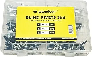 Poaker 175pcs 3 Size Aluminum Body Steel Mandrel Dome Head Blind Rivets Set For Metal Sheet, Automotive, Railway, And Duct Work | Thick Shaft Rivets Set(4X19,4.8X19,4.16)