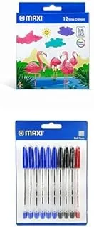 Maxi Regular Wax Crayons 12 Color + BALL PEN MEDUM TIP BLISTER OF 10PC ASSORTED (6 BLUE + 3 BLACK + 1 RED)