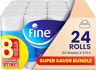 Fine Super Towel Pro, Highly Absorbent, Sterilized & Half Perforated Kitchen Paper Towel, 3 Plies, Pack of 8 x 3 = 24 Rolls. New & Improved