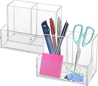 Zbtezna Pen Holder, 2 Pack Clear Acrylic Makeup Brush Holder, Pencil Holder for Desk with Sticky Notes Holder and 3 Compartments, Pencil Organizer for Pen, Art Supply, Makeup Brush(Clear)