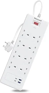 هانيويل 8 Out Surge Protector مع مفتاح رئيسي، Spike Guard / لوحة تمديد، 8 منافذ، 2xPD20W و2xUSB، 1050 جول، سلك 1.8 متر، DSW، حماية أوتوماتيكية من التحميل الزائد، ضمان 3 سنوات من الشركة المصنعة