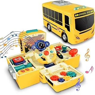 Hi-Tech School Bus Toy Play Vehicle, Simulate Steering Wheel Bus Toys Musical Light Song Gear Driving Educational Puzzle Car DIY Birthday for Preschool Toddlers Kids Boys Girls Age 3-10