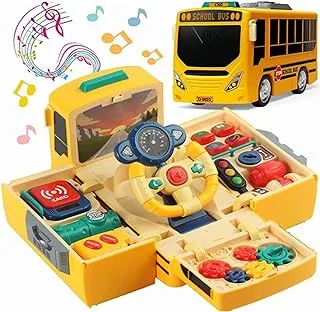 School Bus Toy with Sound and Light Simulation Steering Wheel Gear Toy Musical School Bus Toy for Toddler, Educational Bus Driving Toy Multifunction Preschool Gift Children Boy Girl Toy (Yellow)