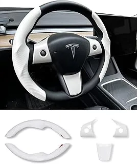 Uxcer Tesla Model 3 / Y Steering Wheel Cover, Carbon Fiber Tesla Steering Wheel Protector Cover & ABS Steering Wheel Wrap Kit for 2016-2023 Tesla Model 3 / Y Accessories White, Gifts for Tesla Owners