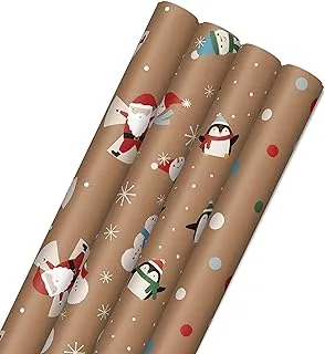 Hallmark Kraft Christmas Wrapping Paper for Kids with Cut Lines on Reverse (4 Rolls: 88 sq. ft. ttl) Penguins, Santa, Snowmen, Polka Dots