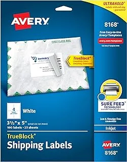 Avery Shipping Address Labels, Inkjet Printers, 100 Labels, 3-1/2 x 5, Permanent Adhesive, TrueBlock (8168), White