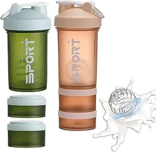 Ezuk Protein Shaker Bottle 2 Pack 500ml / 17oz Shaker Bottle for Protein Mixes Leak-proof BPA Free 3-Layer Protein Shaker with Supplement Pill Storage Container Gym Shaker Cup assorted colors