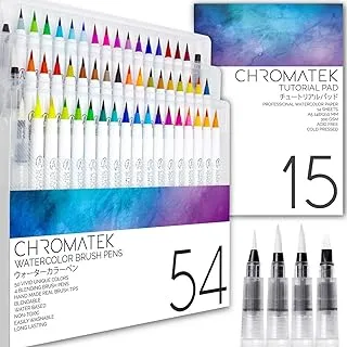 مجموعة أقلام فرشاة الألوان المائية Chromatek 54، ولوحة تعليمية وسلسلة دروس فيديو عبر الإنترنت بواسطة Real Brush Tip. واضح. سلس. قابل للمزج. 50 لونًا، مجموعة 4 فرش مزج.