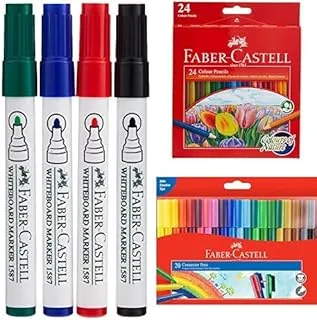 Faber-Castell Marker Bullet Set Of 4Pc & Duster + COLOUR PENCILS 24 COLOUR + Connector Felt Pen 20 Color