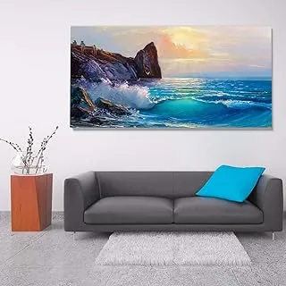 Rocks waves and water, Canvas wall art, Multicolour, Canvas, 1 Piece, 150 x 75 cm By(BPA®)