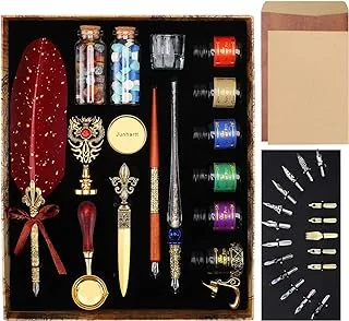 Junhartt Quill Feather Pen and Ink Set, Calligraphy Pen Glass Dip Pen and Wax Seal Stamp Kit (Red)