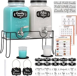 AMEY Liquid Laundry Detergent Dispenser - Two 1 Gallon Glass Laundry Containers for Soap, Fabric Softener- Decorative Laundry Room organization-22 Stickers-Stand-3 Wall Decals-Drip Mats-Spout-Black