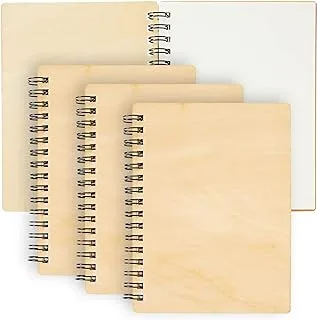 4 Pack Wooden Cover Notebook, Spiral Bound Unruled Plain DIY Craft Journal for Students, Sketches, Writing, Arts and Crafts, Note Taking, 20 Sheets Each (4.5 x 5.8 Inches)