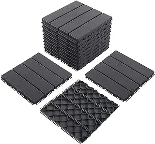 Domi Outdoor Living Patio Deck Tiles, 12 x 12 inches Composite Interlocking Decking Tile, Four Slat Plastic Outdoor Flooring, 9 Pieces One Pack, Dark Grey