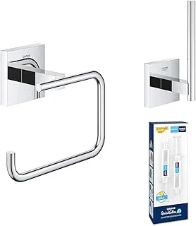 حامل مناديل المرحاض GROHE Start Cube بدون غطاء وحامل احتياطي وGROHE QuickGlue A2 |QuickFix|صمغ لولبي: سهل التركيب للغاية مع غراء سريع|تثبيت مخفي|بما في ذلك البراغي والمسامير|الحجم 138 مم|كروم