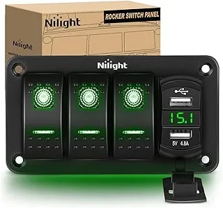 Nilight 3 Gang Rocker Switch Panel مع 4.8 أمبير شاحن USB مزدوج الفولتميتر مقاوم للماء 12 فولت 24 فولت تيار مستمر مفتاح الروك مع ملصقات توهج ليلي للسيارات والشاحنات والقوارب RVs، ضمان لمدة عامين، أزرق