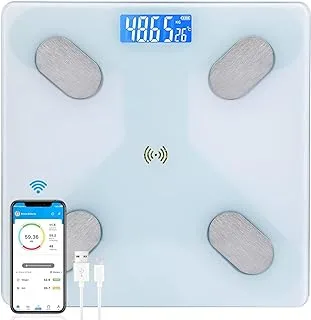 SKY-TOUCH Multifunctional Smart Body Fat Scale, Electronic Led Digital Weight Bathroom Scale With Smartphone App, Support 17 Languages And Indoor Temperature Measurement, 260 * 260 * 23Mm Whtie