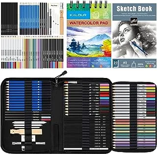 مجموعة أدوات رسم كالور 76 - لوازم فنية احترافية مع دفتر رسم وورق ألوان مائية - تتضمن الألوان المائية والجرافيت والملون والمعدن والباستيل وقلم رصاص فحمي - للفنانين المبتدئين والبالغين والمراهقين