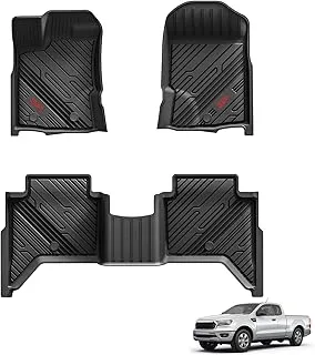 3W Floor Mats for Ford Ranger (2019-2023), TPE All Weather Custom Fit Floor Liner for Ford Ranger Supercrew Cab,1st & 2nd Row Full Set TPE All-Weather Custom Fit Car Mats with Red Logo, Black