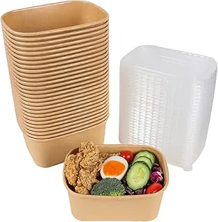 Disposable Kraft paper bowls with lids [ 1000 ML/34 Oz], Rectangle Shape Sturdy Food Containers with Covers Party Supplies Treat Bowls for Noodles, Poke Bowl, Salad, Soup, Snack, BBQ (Pack Of 12)