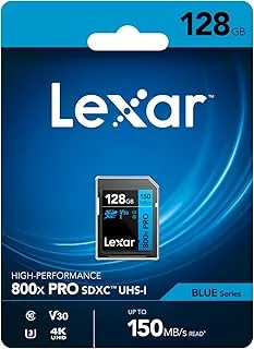 بطاقات LEXAR الاحترافية سعة 128 جيجابايت 800X PRO SDXC UHS-I، سرعة قراءة تصل إلى 150 ميجابايت/ثانية وسرعة كتابة 45 ميجابايت/ثانية C10 V30 U3