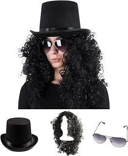 Tigerdoe Rockstar Costume - 3 Pc Set - 80s Costumes - Heavy Metal Wig - Rocker Accessories, Black Wig, Top Hat, Aviators, One size